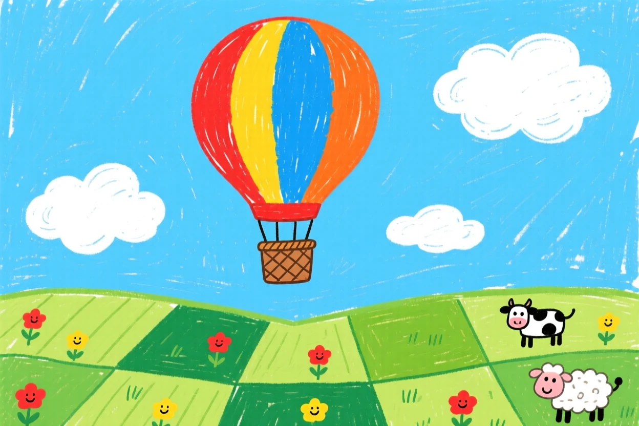 A colorful hot air balloon floating above a patchwork of green fields.