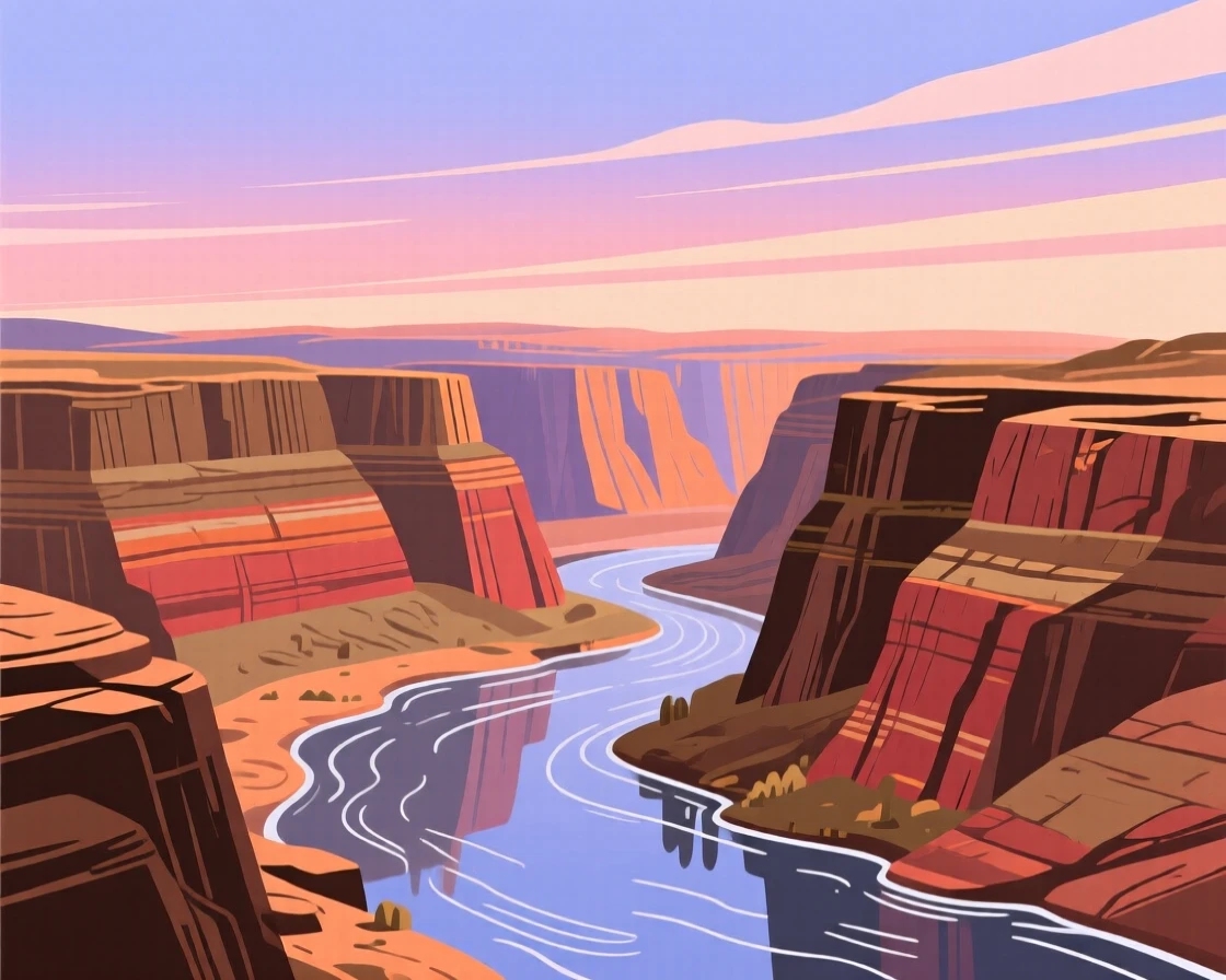 A canyon carved by centuries of flowing water, beneath a wide open sky streaked with color, captured with a gentle curve guiding the eye through the scene, with a fresh, crisp clarity that highlights every detail.