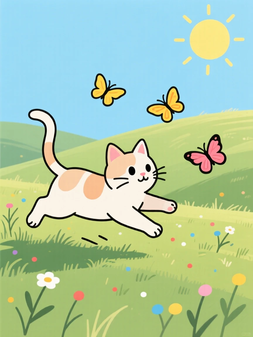 A playful kitten chasing butterflies in a sunny meadow.