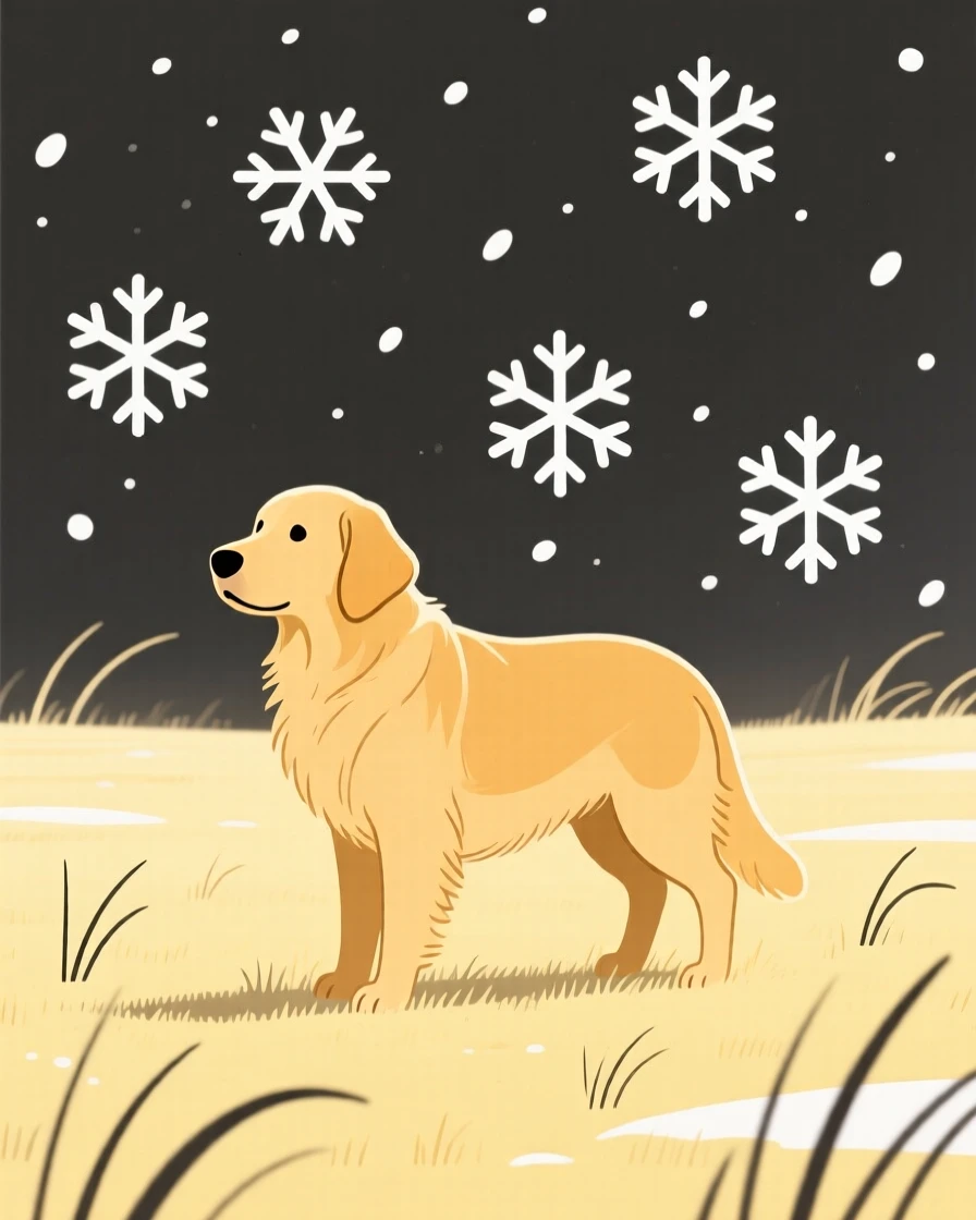 A curious golden retriever pausing in a sunlit meadow, with falling snowflakes in the background, radiating quiet tenderness.