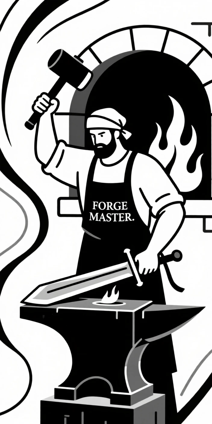A medieval blacksmith forging a sword.