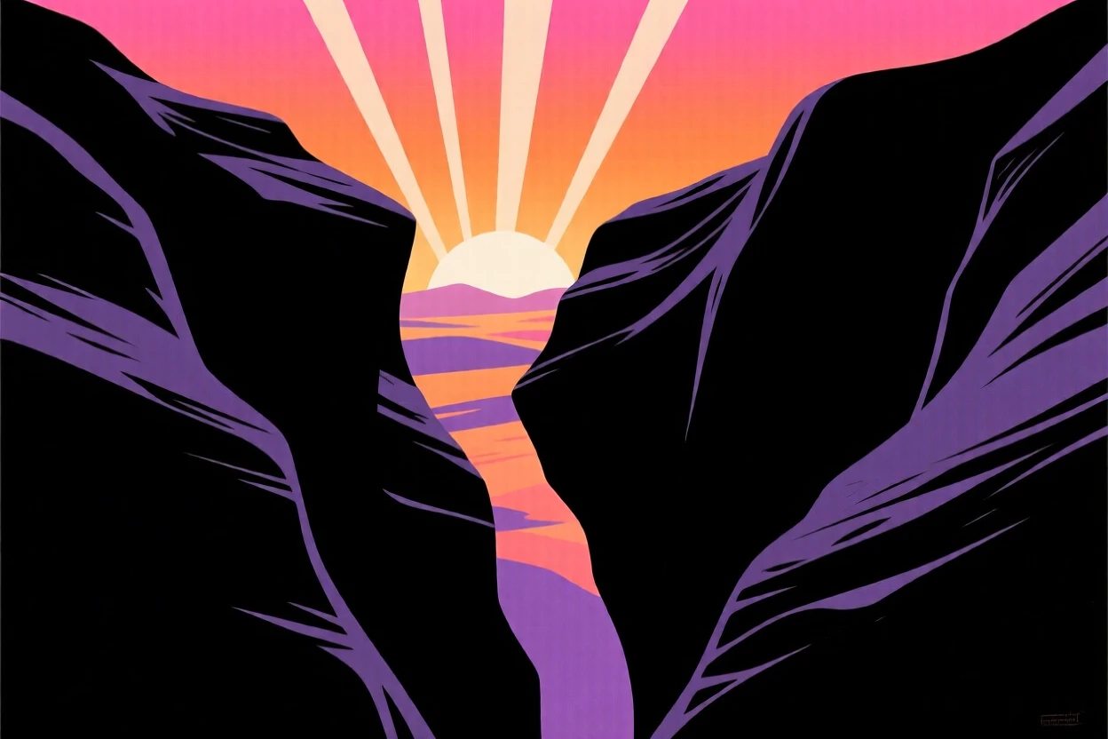 A narrow slot canyon with light beams filtering down from far above.