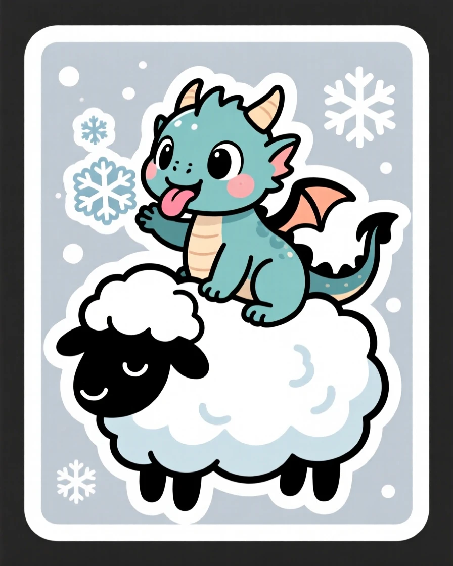 A curious little baby dragon catching snowflakes on its tongue, on a cloud shaped like a fluffy sheep.