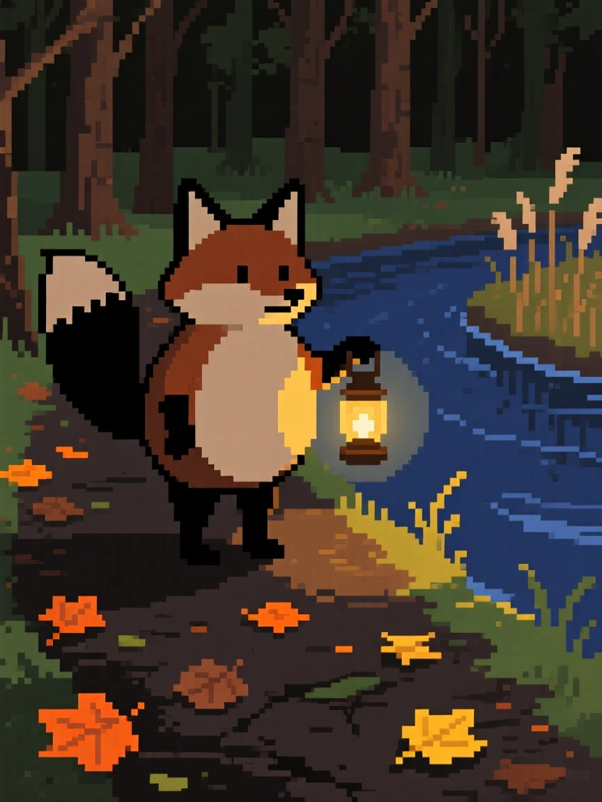 A round-bellied fox holding a lantern on a dark forest path, on a riverbank scattered with fallen leaves.