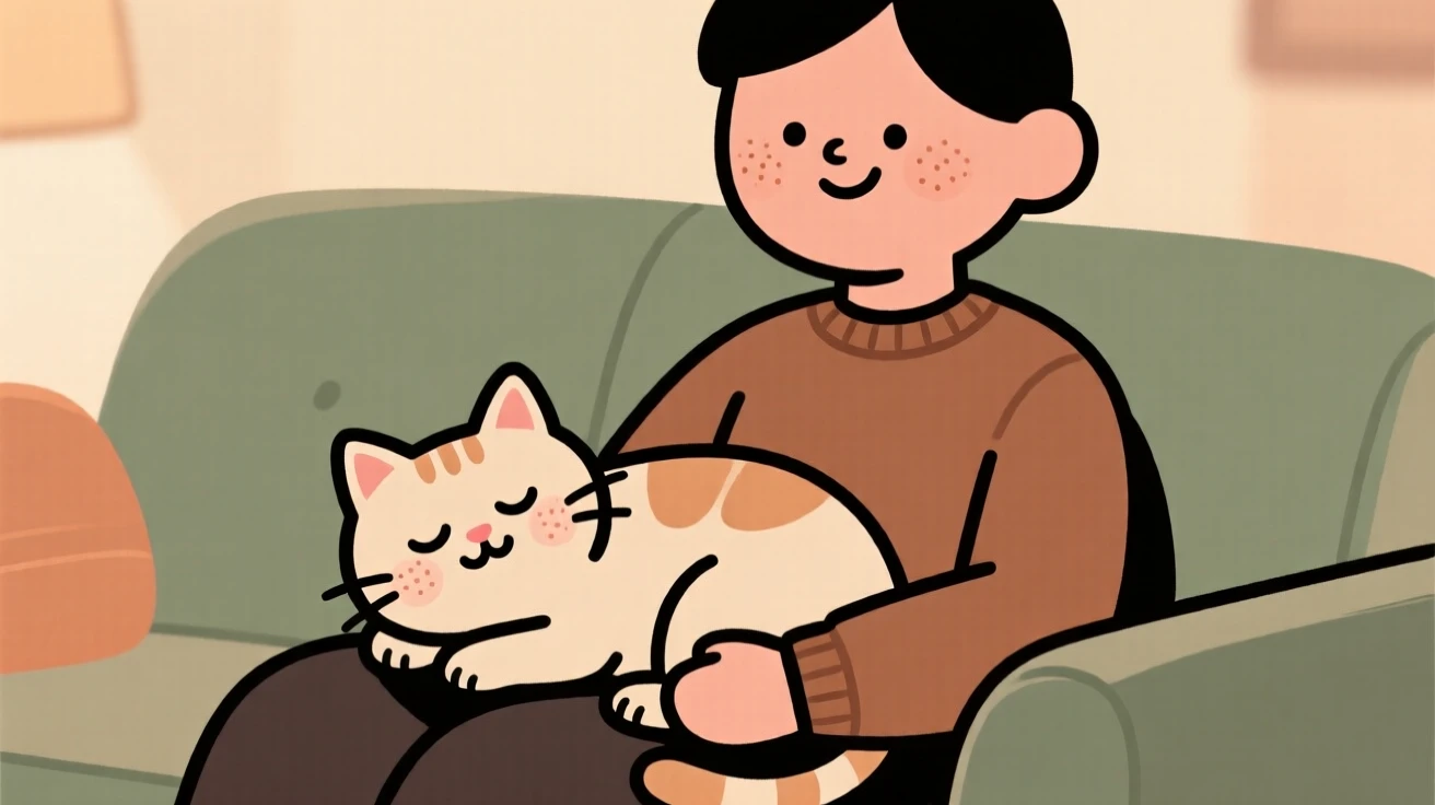 A sleepy cat rests its head on its owner's lap during a quiet evening on the couch, both perfectly content.