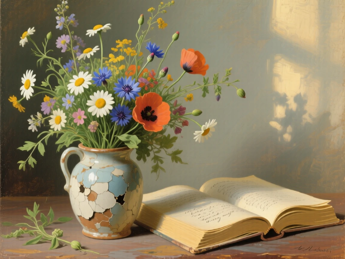 An intimate close-up of a bouquet of wildflowers in a chipped ceramic vase beside an open book, at midday.