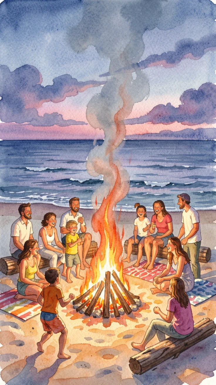 A summer solstice bonfire on a beach at dusk surrounded by joyful family and friends.
