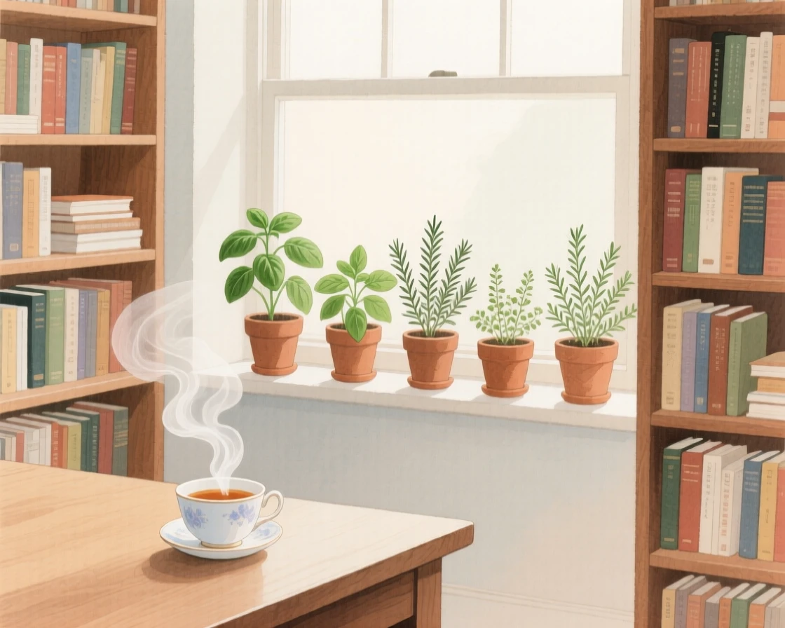 A charming view of a book-lined study, with steam rising from a fresh cup of tea, featuring a row of potted herbs on the sill