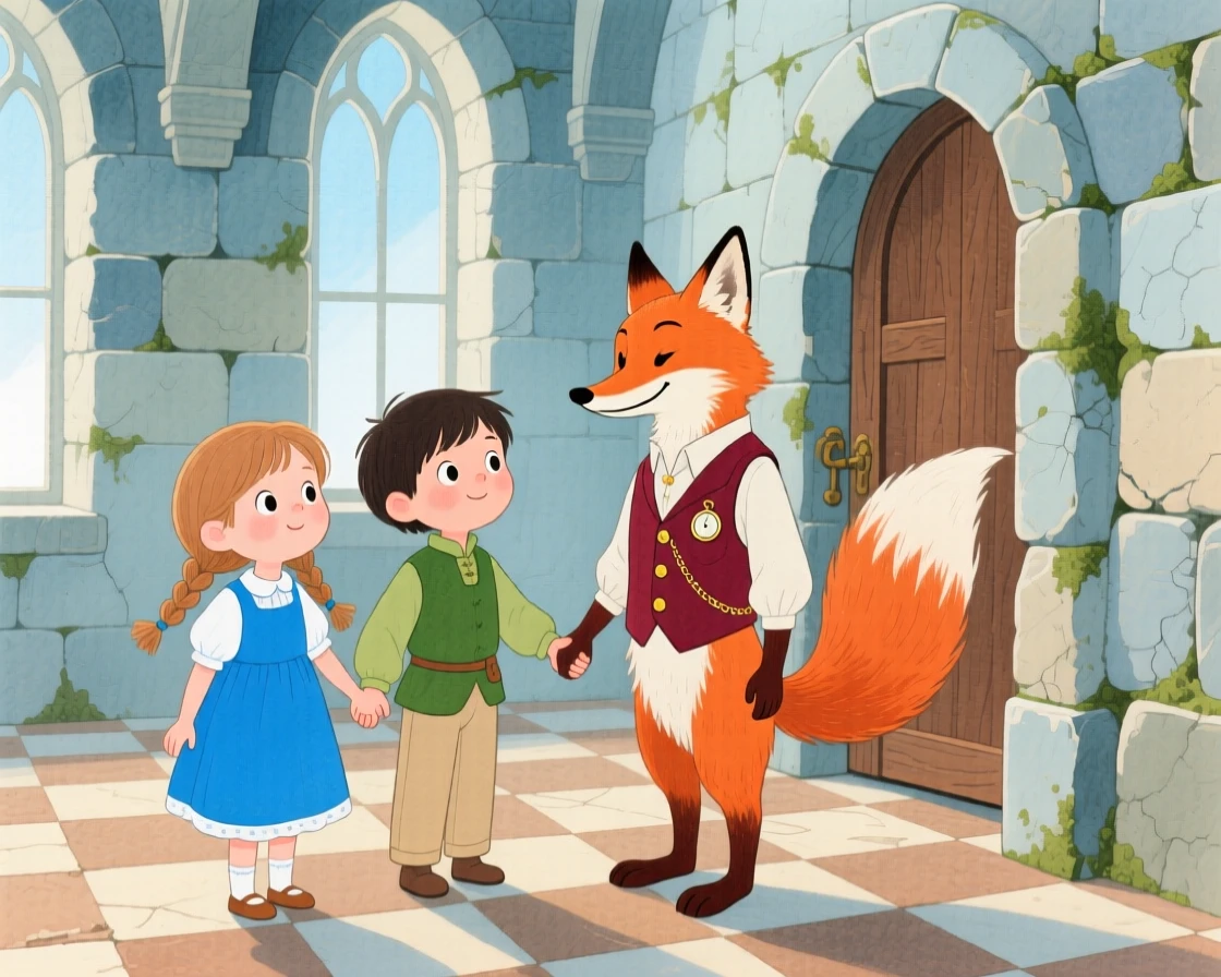 Twin siblings holding hands meeting a talking fox in a waistcoat in an ancient stone castle.