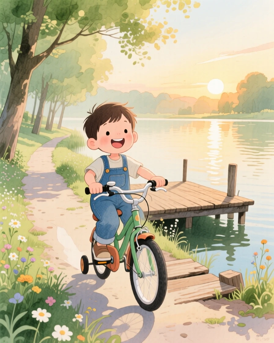 A small boy in overalls riding a bicycle with training wheels down a quiet lane, in a lakeside dock at early morning, capturing the pure joy of childhood wonder.
