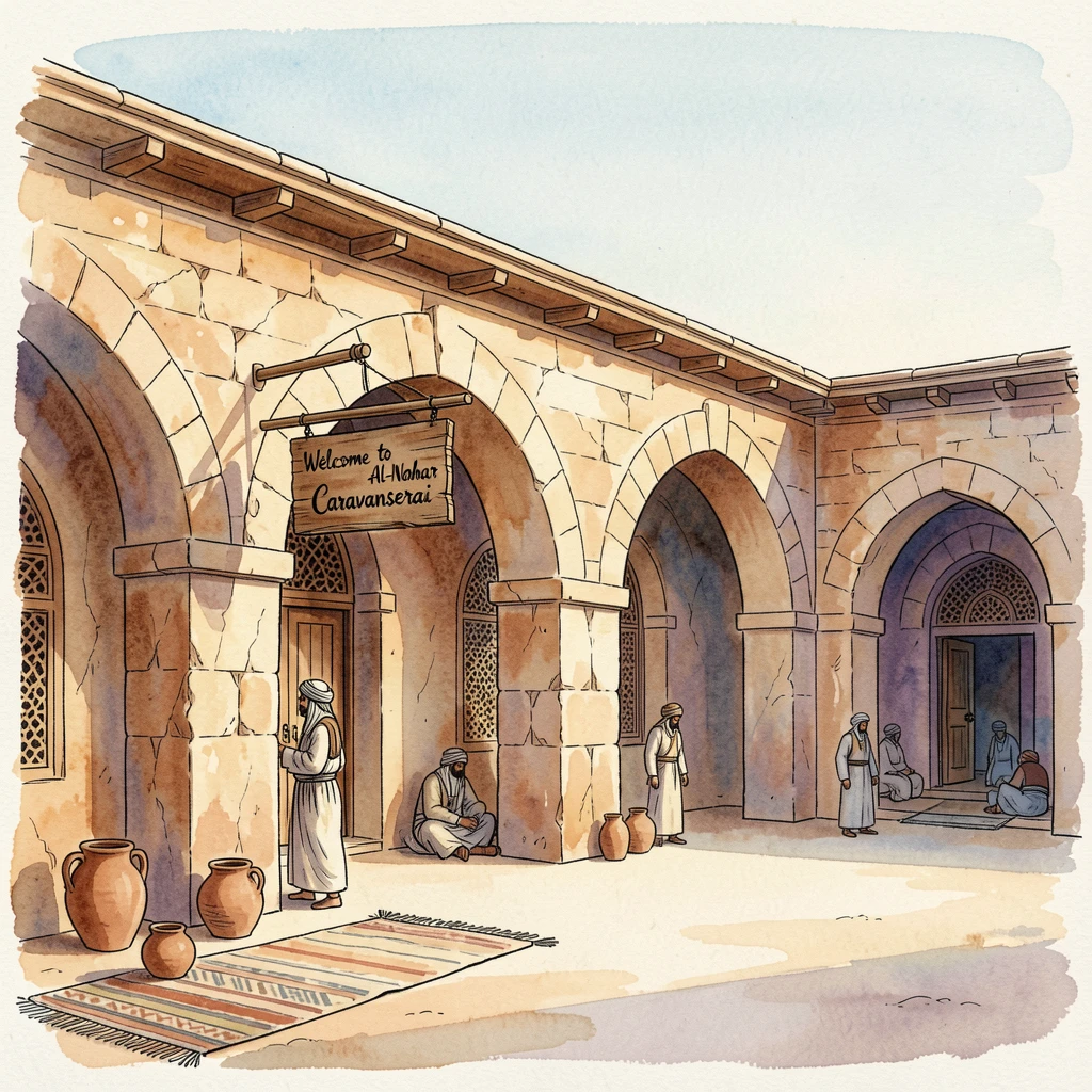 A desert caravanserai with sandstone arches glowing warm in the late afternoon sun