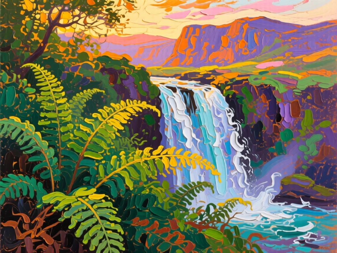 a waterfall hidden behind ferns, at the end of a warm day, with a clear foreground, subject, and distant setting.