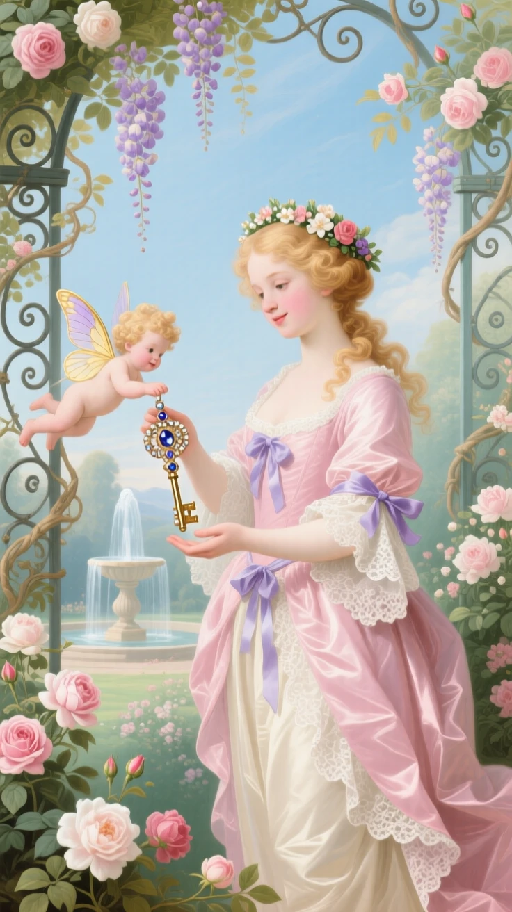 A girl receiving a jeweled key from a tiny winged messenger  