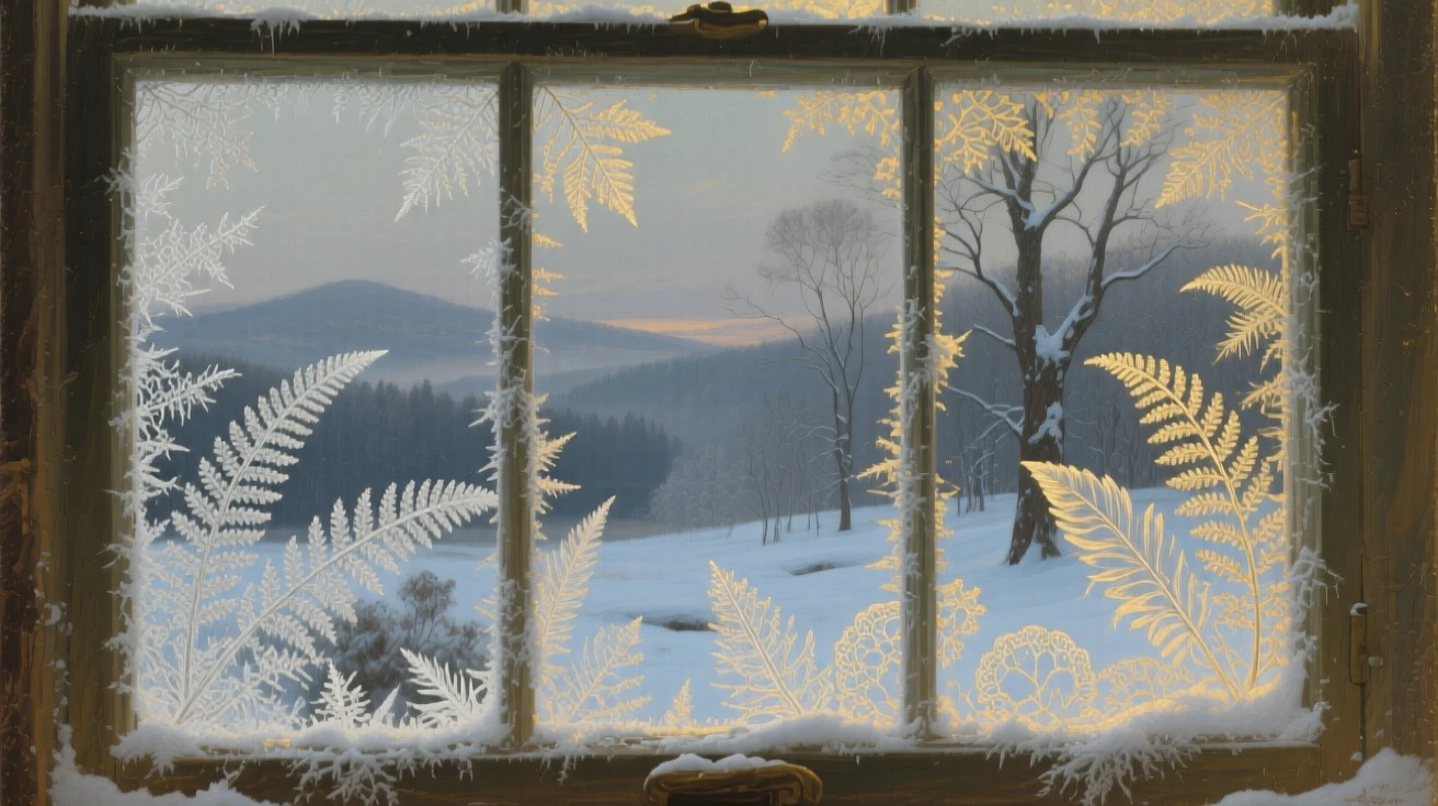 Ice crystals form delicate patterns on a windowpane in deep winter.