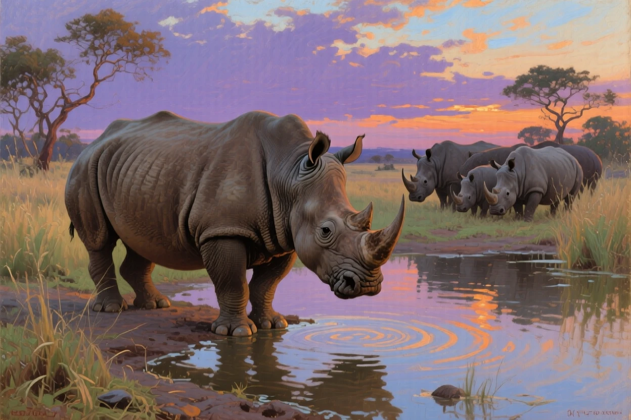 A rhinoceros standing alert at the edge of a watering hole at dusk, as the rest of its family group remains close by, designed to feel both intimate and awe-inspiring