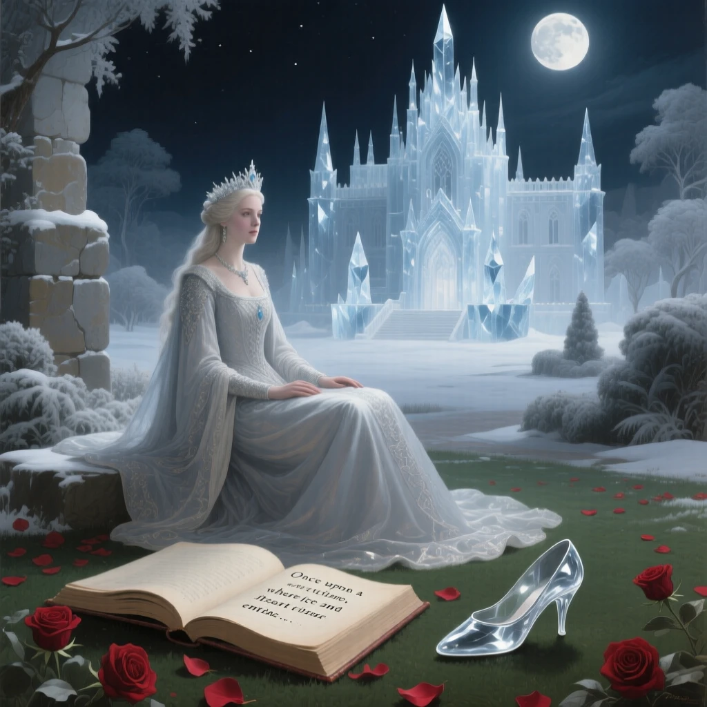 The Snow Queen's palace glittering with ice beneath a pale moon at the exact moment magic and reality intertwine, set within a moonlit garden fit for legend, with scattered rose petals, an open storybook, and a forgotten glass slipper; the composition frames the central figure like a page brought to life, evoking nostalgia, wonder, and the timeless magic of storytelling.