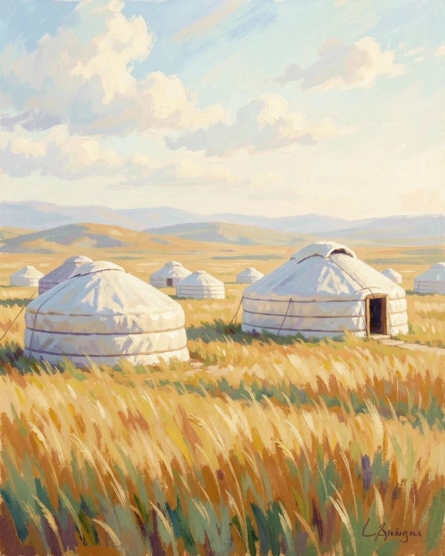 A traditional Mongolian steppe camp with round white gers scattered across an endless golden grassland.