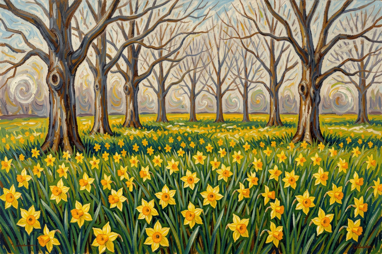 A field of wild daffodils blooming beneath bare spring trees.