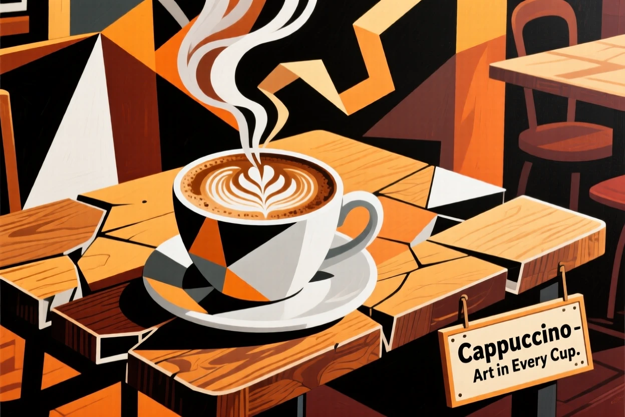 A cup of frothy cappuccino with delicate latte art on a café table.