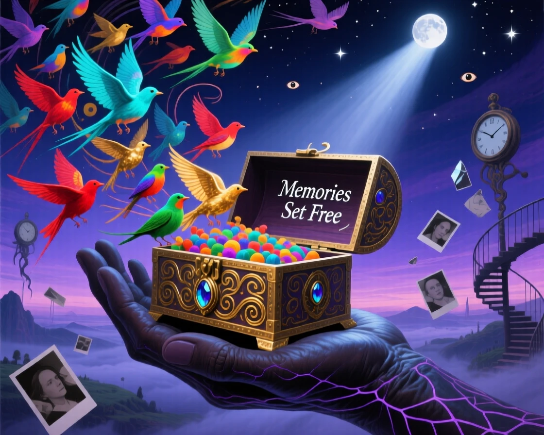A chest overflowing with birds representing released memories rests gently in the palm of an outstretched hand, while a single beam of light falls directly upon it.