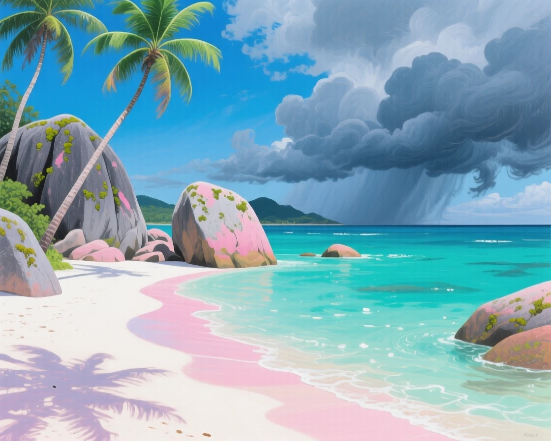 A serene beach in the Seychelles features massive granite boulders framing a curve of pink-white sand, palm trees leaning over turquoise shallows, distant weather visible on the horizon hinting at conditions that will arrive within the hour.