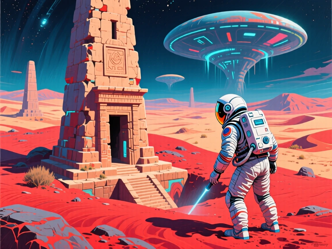 A futuristic astronaut discovering an ancient alien monument buried beneath red desert sand