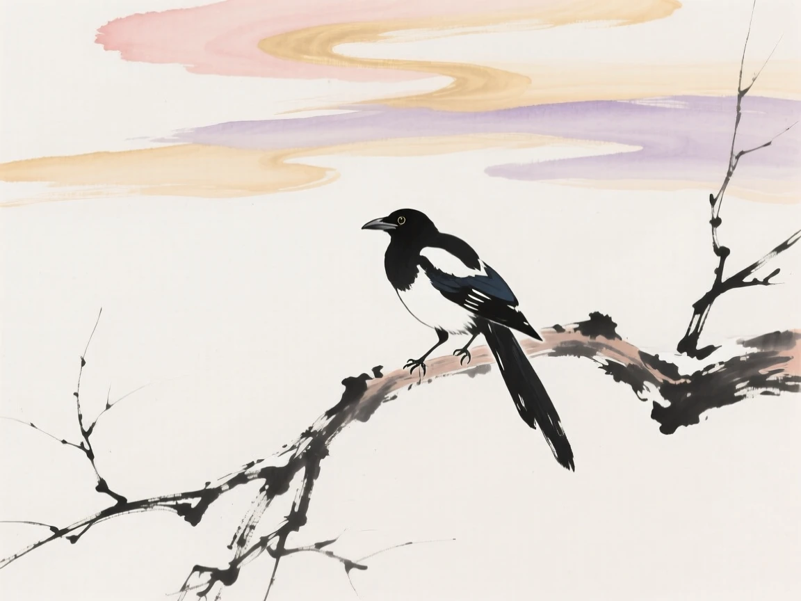A magpie sits atop a bare winter branch, beneath a sky streaked with the colors of dawn.