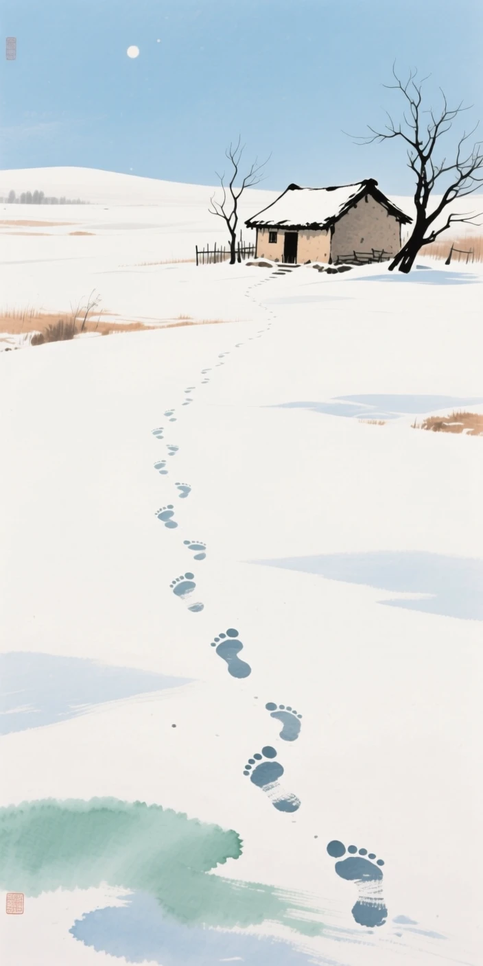 A single set of footprints crossing untouched snow toward a distant hut, at midday.