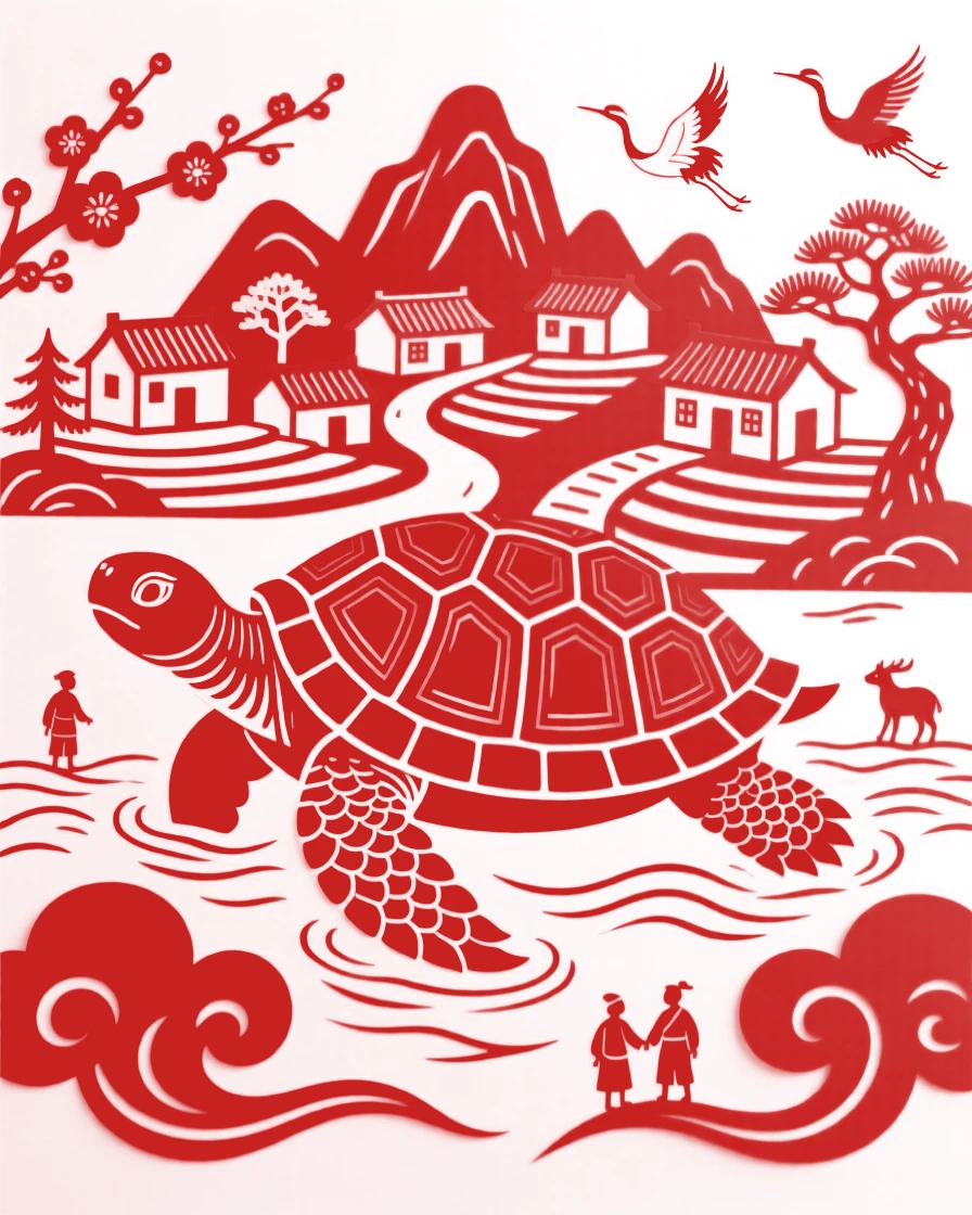 A giant turtle carrying an entire mountain village on its back as it swims through a sea of clouds