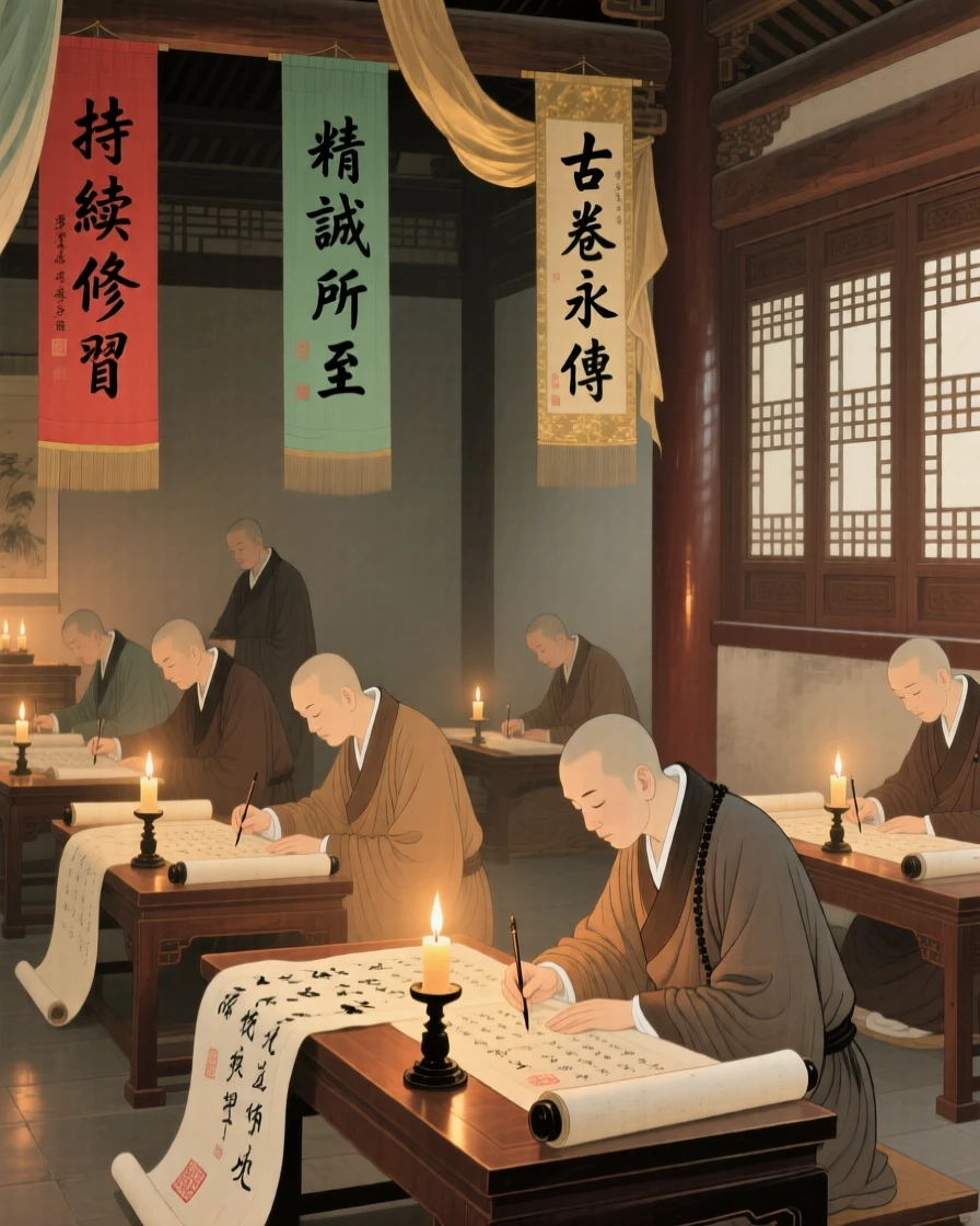 A group of monks copying ancient scrolls by candlelight in a quiet hall, beneath banners fluttering in the wind