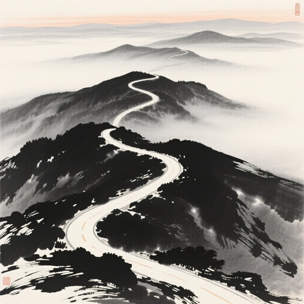A winding mountain road disappearing into distant fog as evening shadows stretch long across the land, viewed from a high vantage point looking down across the whole scene, evoking a deep sense of solitude and quiet grandeur.