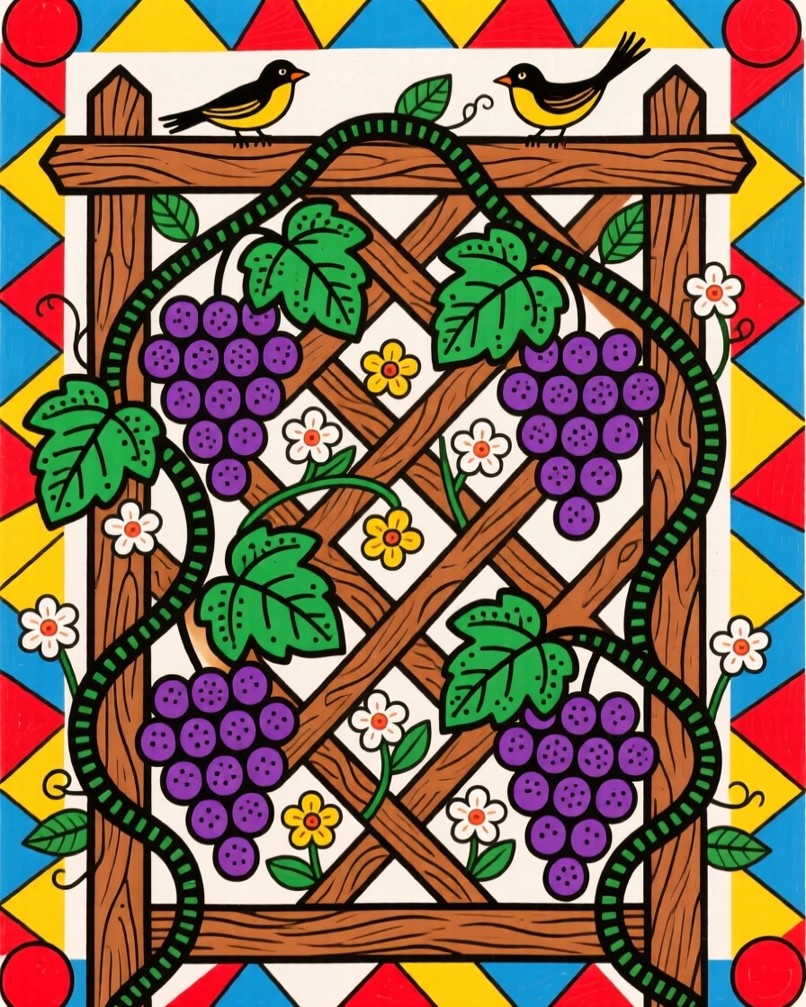 Vines heavy with grapes trailing over a wooden garden trellis.
