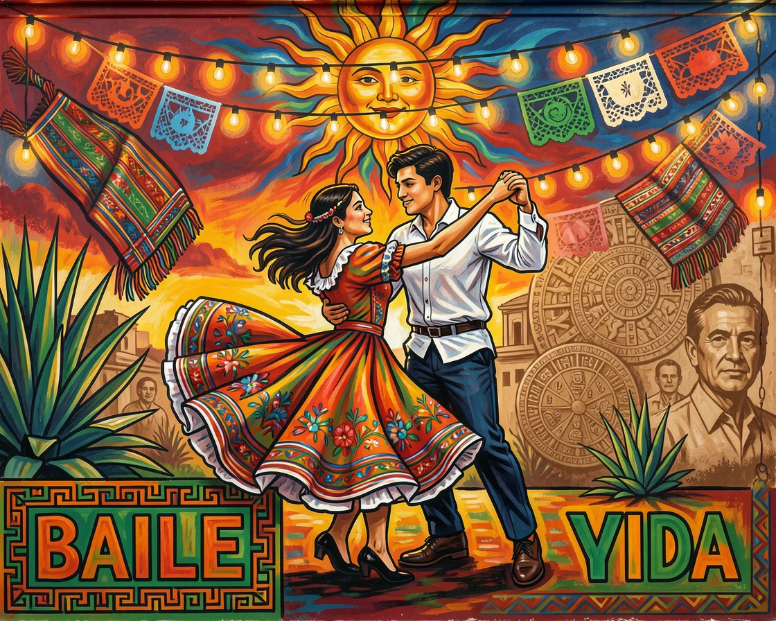 A young couple dancing together under string lights