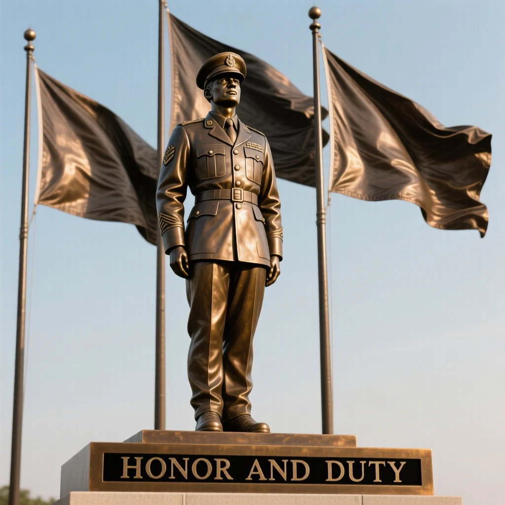 A soldier standing at attention as flags are raised, in a moment of quiet triumph, forming a strong central focal point
