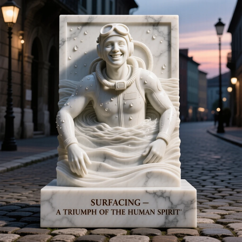 A tender portrait of a diver surfacing with a triumphant smile, smiling warmly at the viewer, on a quiet cobblestone street at dusk, evoking warmth and humanity