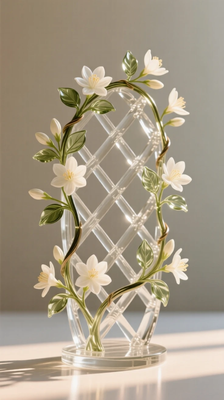 Jasmine vines wrapped around a lattice in a lush garden setting with soft green foliage behind, gentle afternoon light, feeling romantic and inviting.