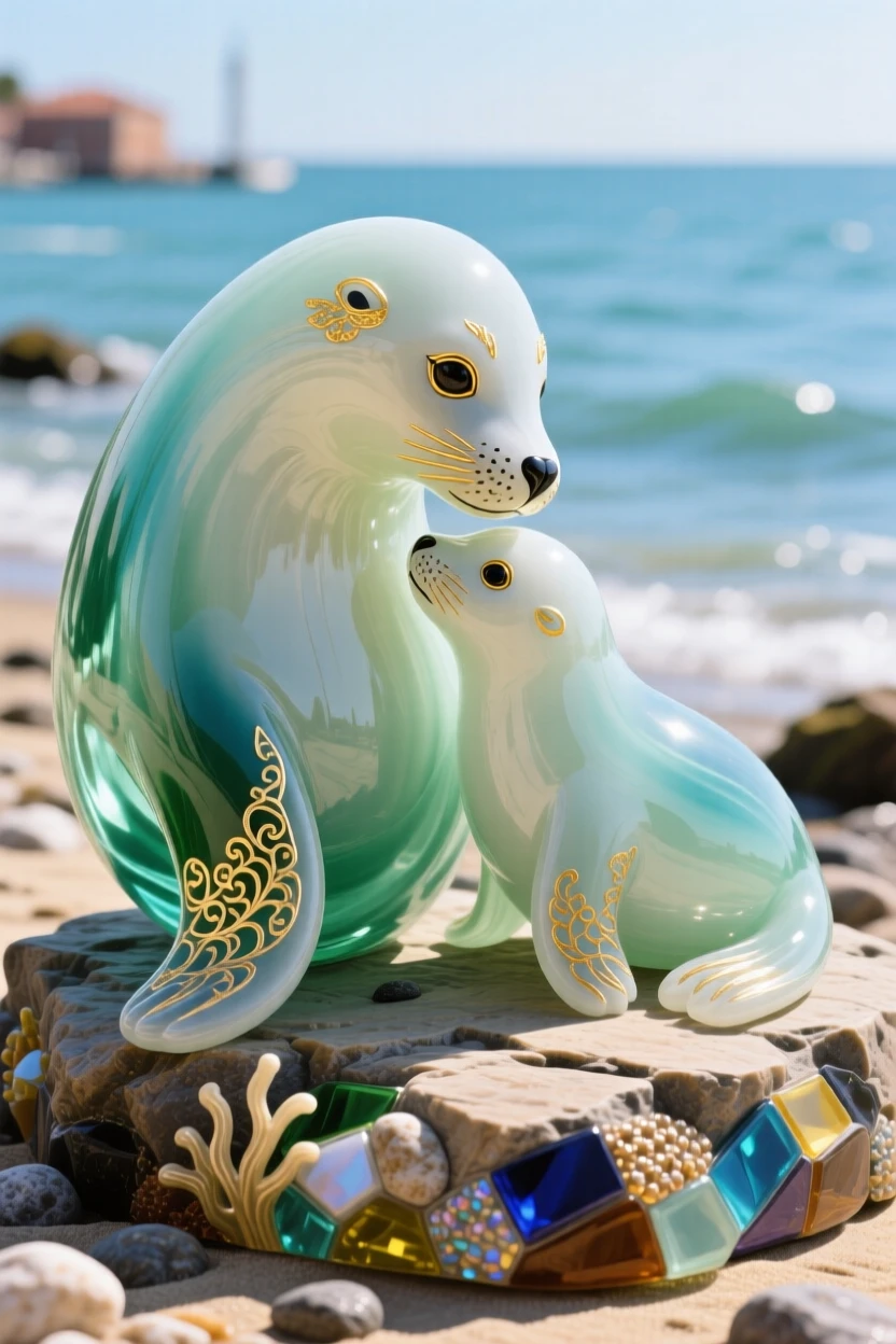 A mother seal nuzzling her pup on a rocky shoreline, tender and gentle.