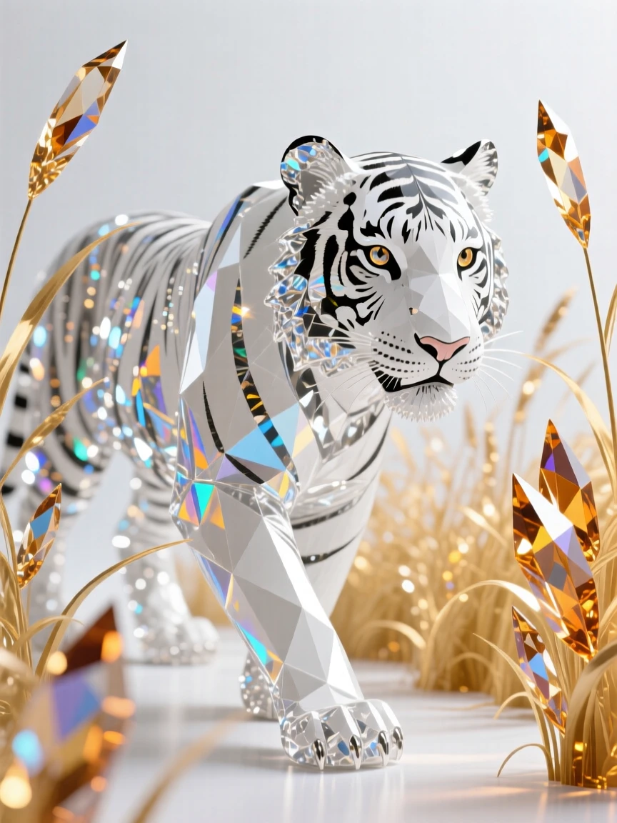 A regal white tiger walking through tall golden grass, direct eye contact with viewer.