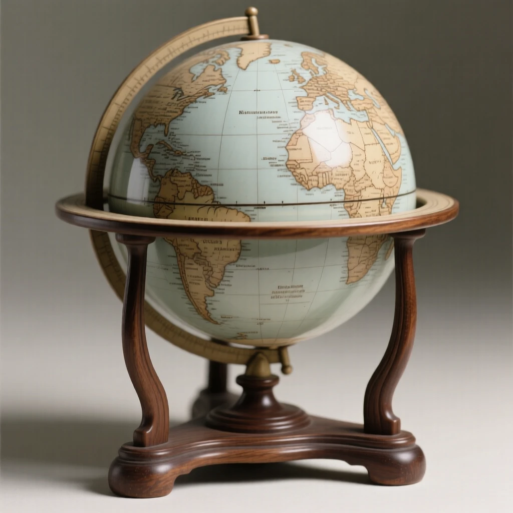 An antique globe spinning slowly on its stand staged with careful, artful precision, its surface polished to a gentle sheen, stirring fond memories of simpler times.