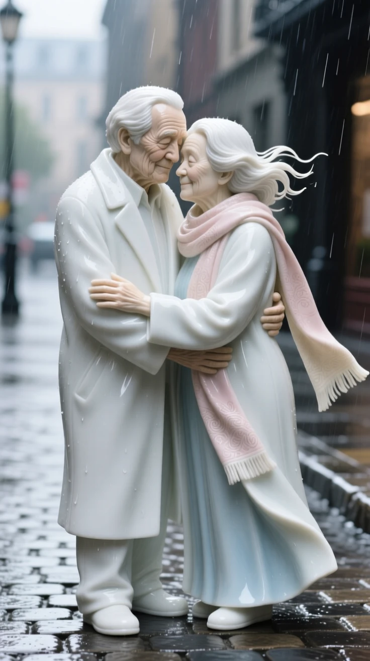 A tender scene of an elderly couple sharing a quiet embrace in a rain-kissed city street, a soft breeze lifting loose strands of hair.