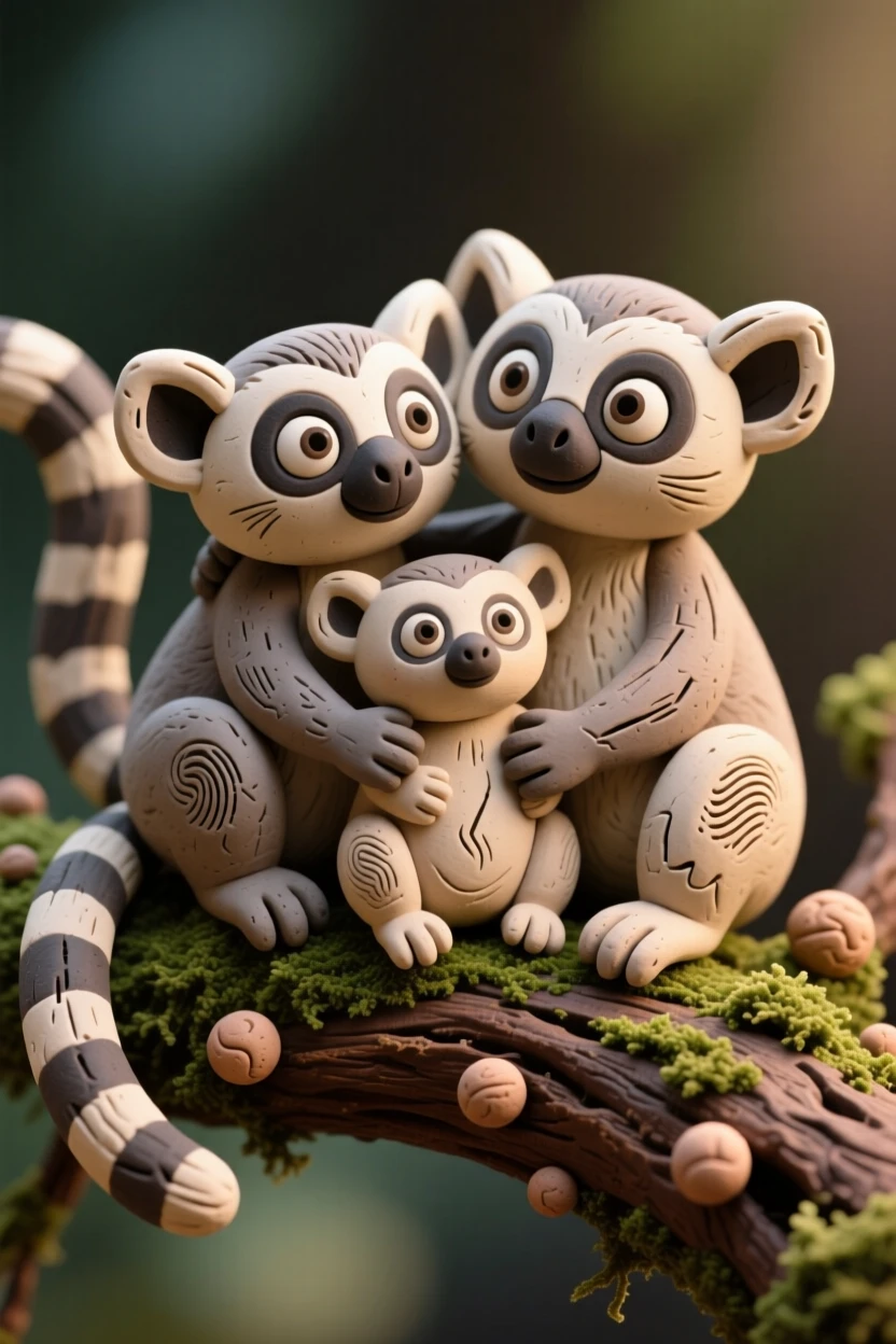 A lemur family huddled together on a moss-covered branch