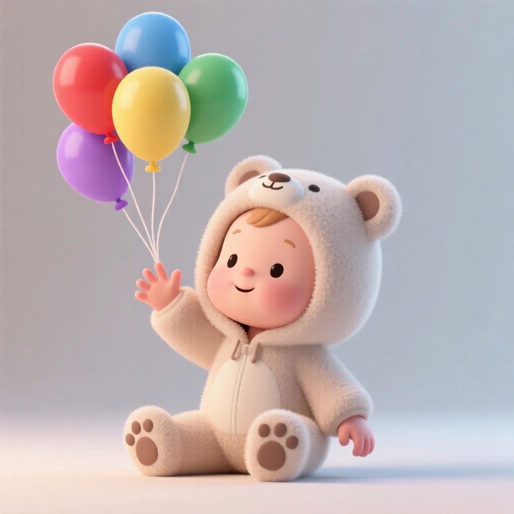 A giggling baby in a fuzzy bear onesie reaches up toward colorful balloons floating just out of tiny grasping fingers.
