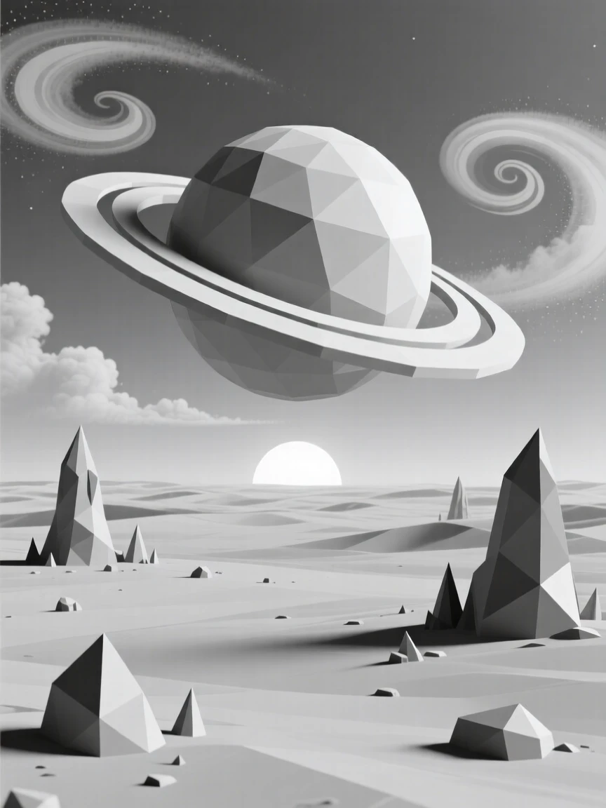 A ringed planet rising over an alien desert, surrounded by swirling cosmic dust. the scale of the scene emphasizes its vastness and wonder. A gentle, surreal beauty fills the composition.