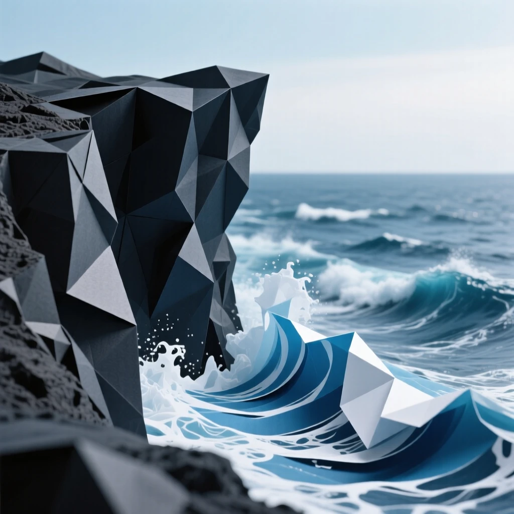 A dramatic cliffside overlooking a churning ocean, waves crashing against dark volcanic rock.