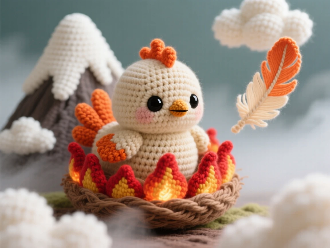 a baby phoenix chick, with soft downy feathers tipped in orange, nestled inside a warm nest of embers, within a misty mountain peak wrapped in soft clouds, near a single floating feather catching the light, radiating a warm, protective tenderness.