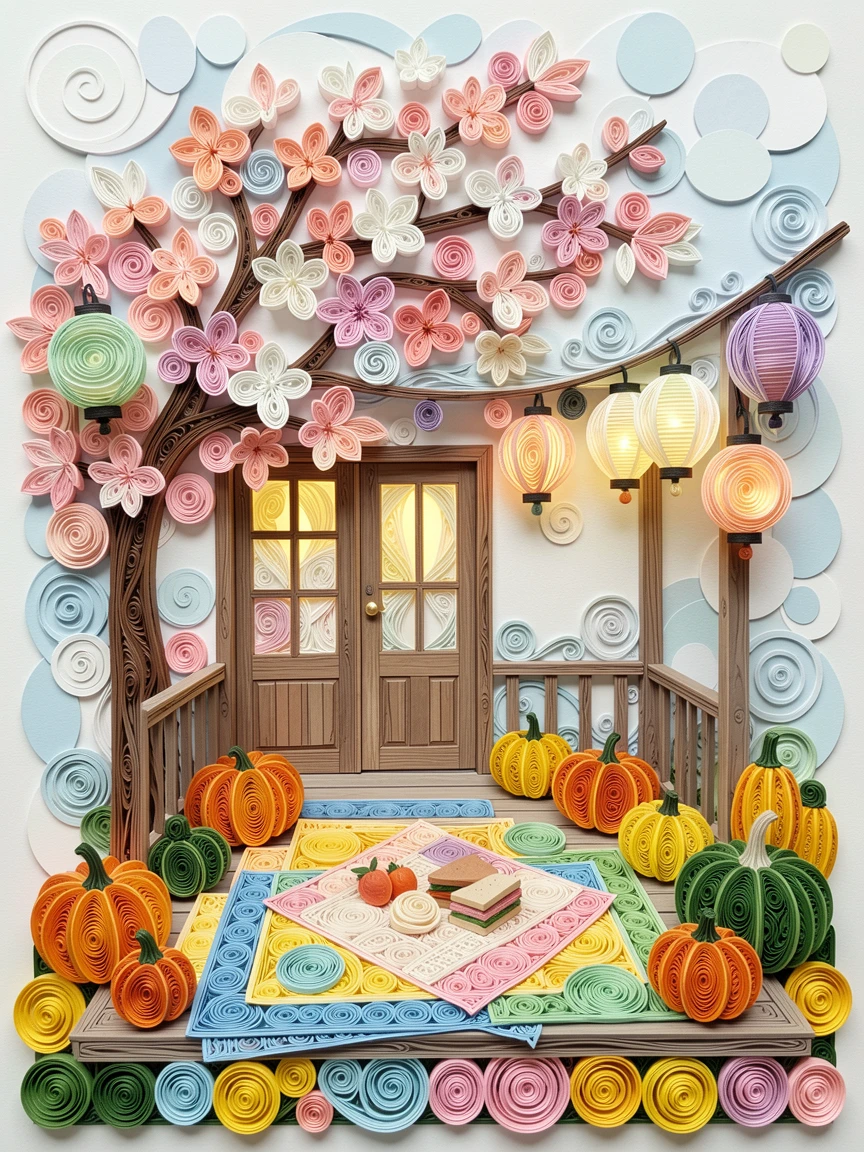 a spring cherry blossom festival with picnic blankets, on a cozy porch decorated with autumn gourds, framed by strings of glowing lanterns, in bright cheerful pastel spring colors.