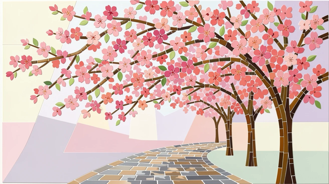 A canopy of cherry blossoms in full pink bloom along a quiet path.