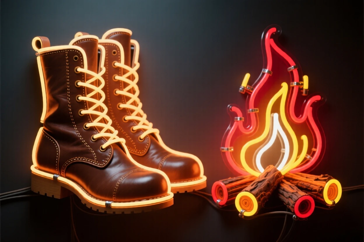 A pair of hand-stitched leather boots beside a campfire.