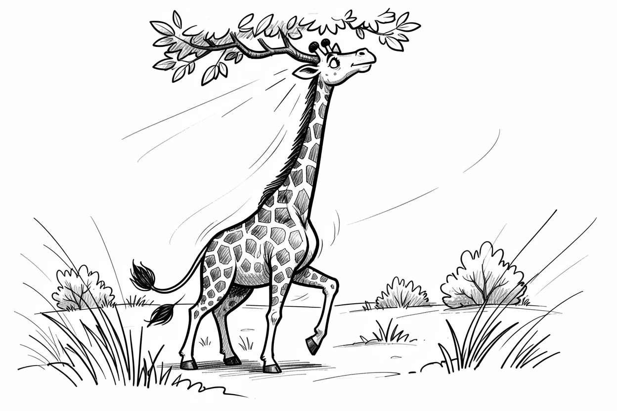 A giraffe reaching for treetop leaves on a windswept tundra.