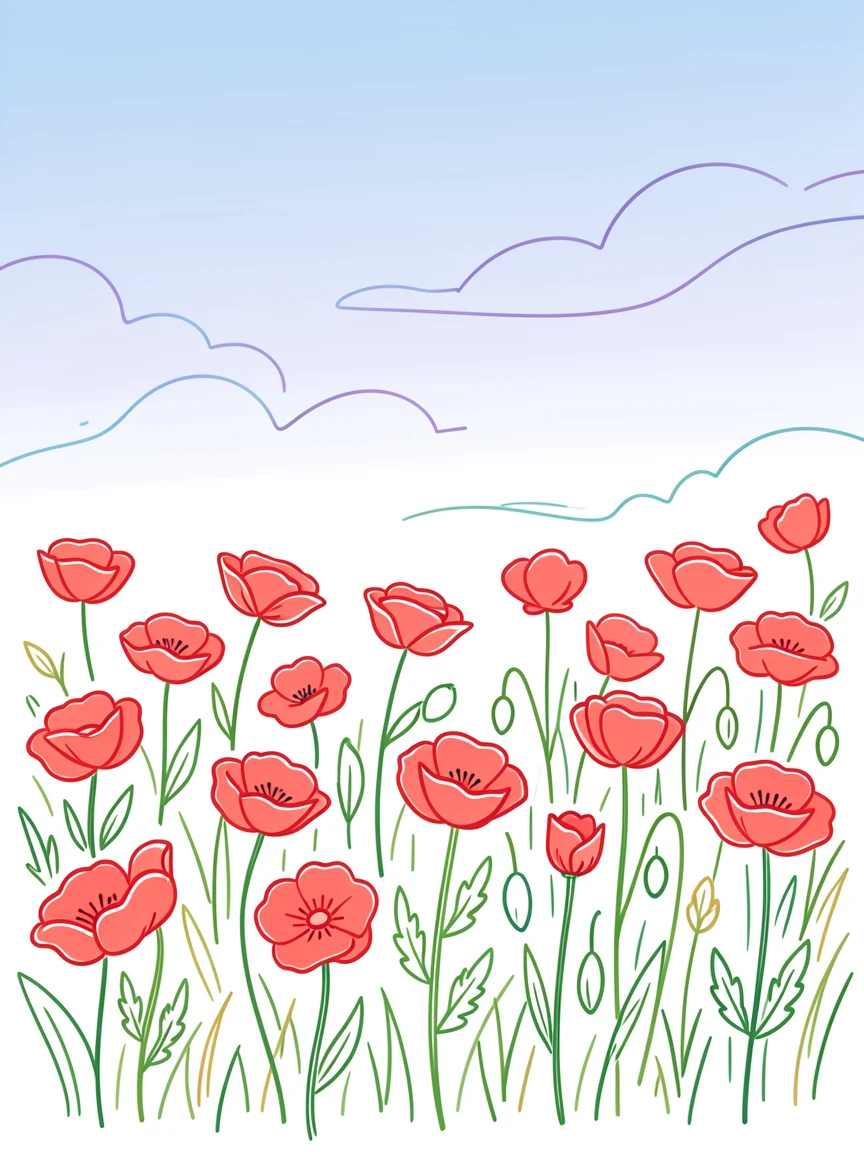 A field of red poppies swaying beneath a wide open sky.